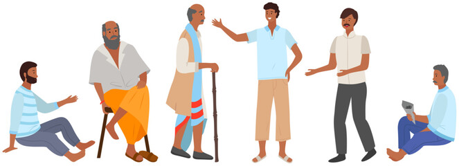 Different indian old and young men characters set in flat style isolated on white. Differences hindu ethnic people smiling faces in traditional clothing. Asian people adult and elderly persons