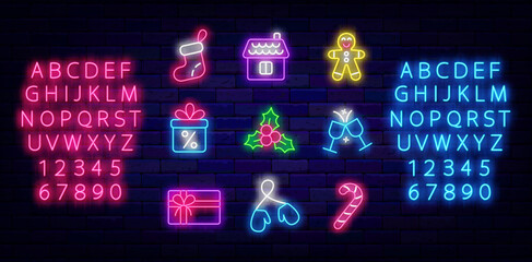 Merry Christmas and Happy New Year neon icons collection. Vector stock illustration