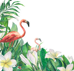 Pink flamingos among tropical palm leaves, monstera and plumeria flowers. Watercolor illustration. Banner from the BEACH BAR collection. For the design and decoration of postcards, posters, menus.