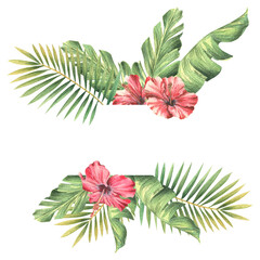Tropical palm leaves with red hibiscus flowers. Watercolor illustration. A frame from the CUBA collection. For registration and design of invitations, certificates, posters, menus, ads, beaches - obrazy, fototapety, plakaty