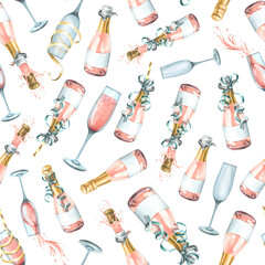 Bottles and glasses with pink champagne, with festive ribbons. Watercolor illustration. Seamless pattern on a white background from a large set of HAPPY BIRTHDAY. For congratulations and gifts