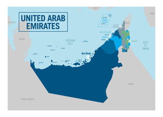 United Arab Emirates country political map. Detailed vector illustration with isolated provinces, departments, regions, cities, islands and states easy to ungroup.