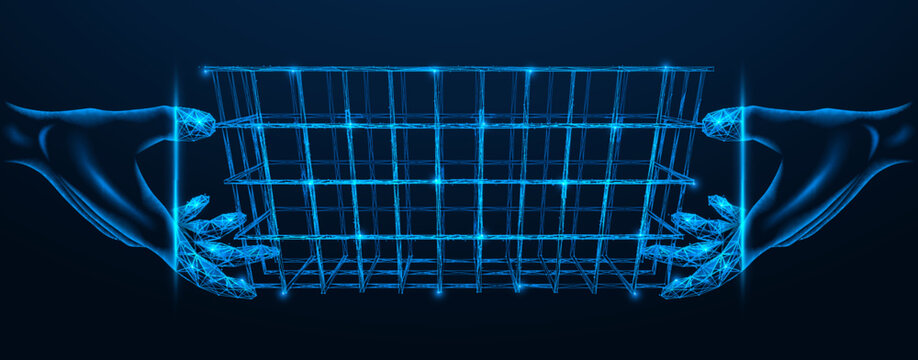 Hands holding an empty shopping basket. Polygonal design of interconnected lines and points. Blue background.