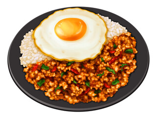 Spicy thai holy basil chicken with egg over rice dish recipes illustration image. (Pad Kra Pao, Kra Pow Kai, Kra Pao Moo Sap) - obrazy, fototapety, plakaty