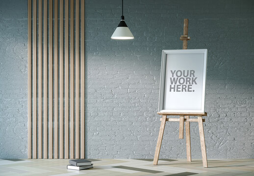 Vertical White Poster Frame Mockup Standing on Wooden Easel in Room