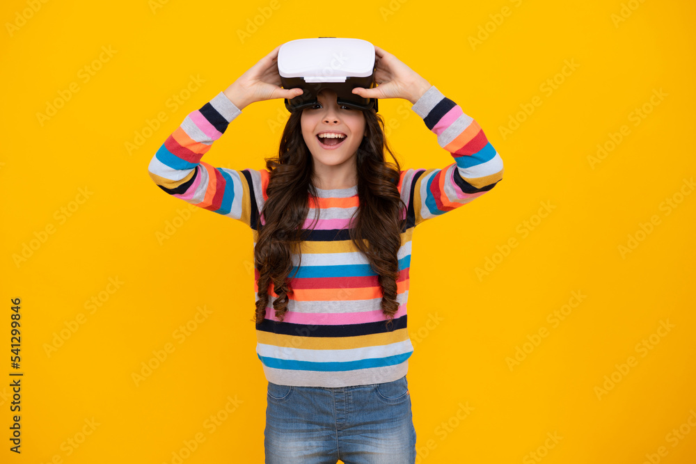 Poster amazed teenager using vr headset. kid play vr video game. digital future and innovation. child in vi