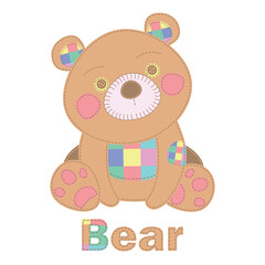 Patchwork vector drawing with bear cub. Cute vector cartoon bear.  Baby Shower, greeting, holiday and invitation card. Applique happy bear cub.  Vector baby patchwork illustration.  For print, web des