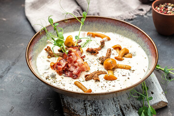 Forest Mushroom Soup. homemade cream of mushroom. banner, menu, recipe place for text, top view
