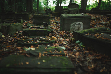 Abandoned overgrown old cemetery in the forest