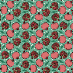 pomegranate seamless pattern on dark mint background
