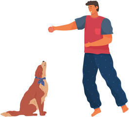 Male pet owner with dog training, playing with ball. Caring for four-footed friend concept. Happy guy with dog, domestic animal, human companion at home. Doggy follows command, plays with man