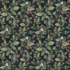 Raspberry seamless pattern. Watercolor red berry background.