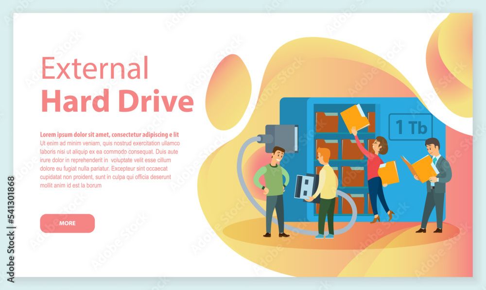 Poster external hard drive technology server concept landing page template. business people put in document