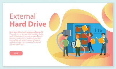 External hard drive technology server concept landing page template. Business people put in document drawer folder in cloud-shaped cabinet. Cloud computing services, digital information organization