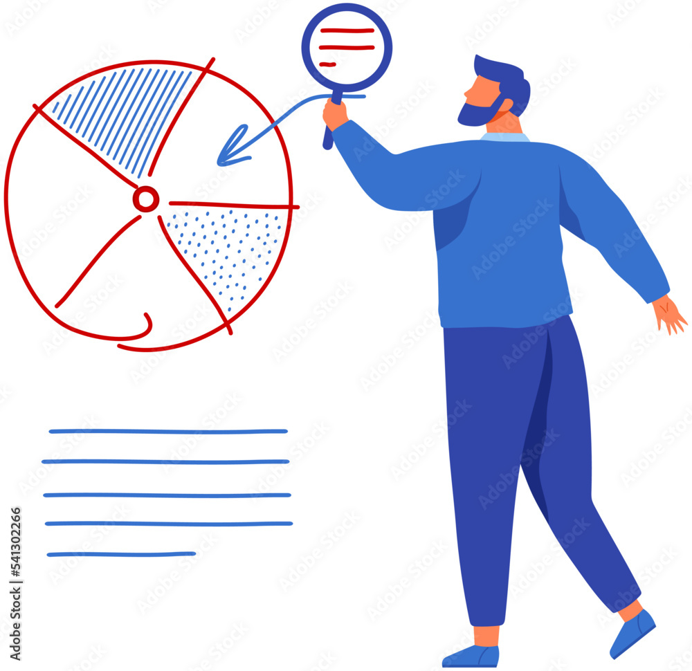 Poster businessman analyzing graph, analyst makes presentation. data science concept. pie chart and diagram