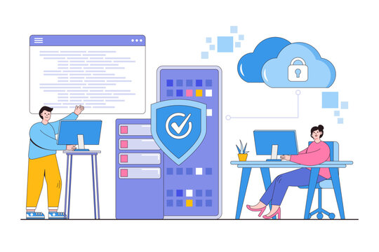 Flat database programmer with programming languages, css, html, it, ui, developing, coding concept. Outline design style minimal illustration for landing page, web banner, infographics, hero images