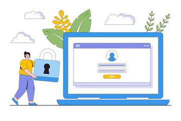 Flat laptop computer with people, padlock and password security access or verification code notification concept. Outline design illustration for landing page, web banner, infographics, hero images