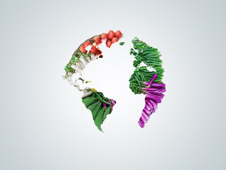 World vegan day or vegetarian day concept. World map isolated on  fresh vegetable, vegan day, world food day, illustration