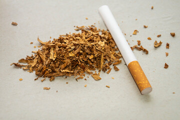 Filter cigarette, spilled tobacco on the table.