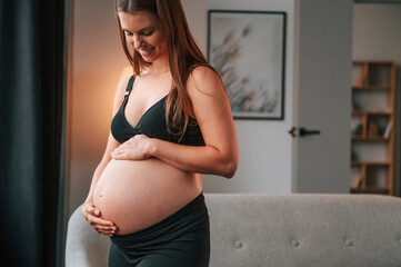 Standing near the sofa and smiling. Beautiful pregnant woman is indoors at home
