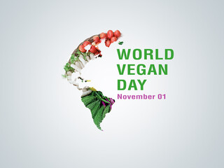 World vegan day or vegetarian day concept. World map isolated on  fresh vegetable, vegan day, world...