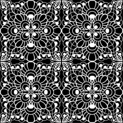 seamless graphic pattern, floral white ornament tile on black background, texture, design
