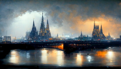 Fototapeta na wymiar Cologne skyline with Cologne Cathedral and the river Rhine at night and city lights in Germany. Digital art and Concept digital illustration.