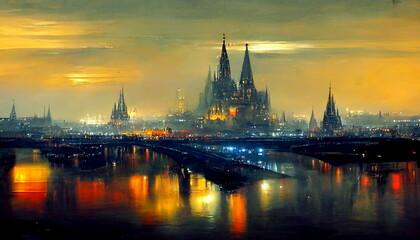 Cologne skyline with Cologne Cathedral and the river Rhine at night and city lights in Germany. Digital art and Concept digital illustration.