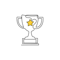 Trophy cup with a gold star in one line style. Black winner cup isolated on white background. Vector illustration.