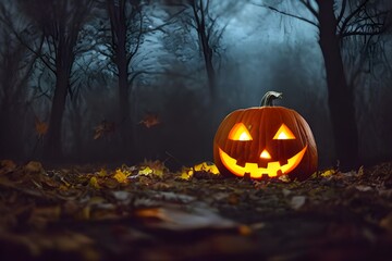 Creepy Jack-O-Lantern pumpkin outdoors. Glowing. Evil. 