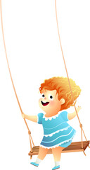 Cute little girl swinging, smiling happily. Joyful kids cartoon with child wearing summer dress, baby girl swinging. Childhood joy isolated clipart illustration for Kids.