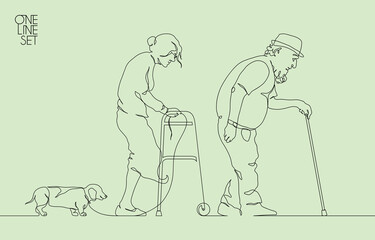 Old man, woman and dog. Seniors silhouette. Continuous single line set
