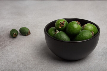 feijoa. berries of the guava family. healthy food. source of iodine. grows in the tropics and subtropics. copy space.