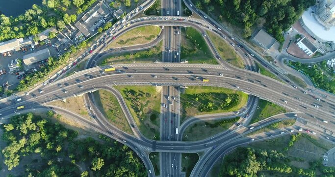 Automobile interchange. Paton Bridge. Kyiv. Ukraine. Transport movement. Peak hour. Aerial photography.