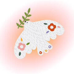 Dove peace bird with green twig poster on gradient background. White pigeon abstract illustration with floral element. Peace day card. Freedom concept.