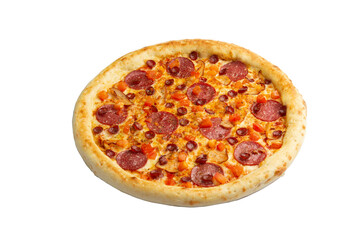 Big pizza with pepperoni and sausages. Selective focus. Transparent.
