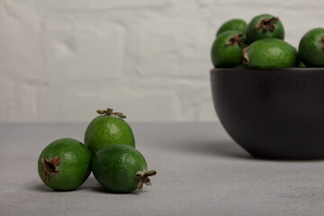 feijoa. berries of the guava family. healthy food. source of iodine. grows in the tropics and...