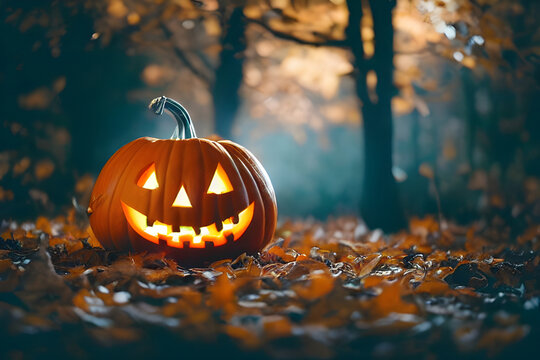 Creepy Jack-O-Lantern pumpkin outdoors. Glowing. Evil. 