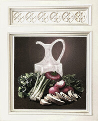 vintage still-life vegetables vinegar jug framed kitchen art