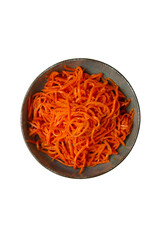 Korean-style spicy carrots in a bowl. View from above. Transparent.