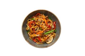 Noodles with mushrooms and vegetables in a plate. Transparent.