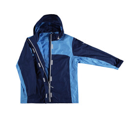 Blue raincoat with a hood. Open zipper. Isolated image on a white background. Nobody. Front view.