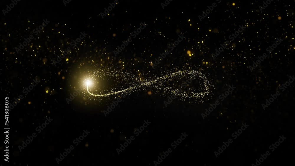 Poster looping golden flickering particles with infinity symbol looped animation on clean black copy space 
