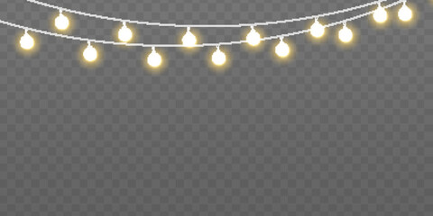 Bright lights bulbs for poster, card, or web. Set of golden Xmas glowing garland. Led neon lamp. Christmas, New Year, wedding or Birthday decor. Glowing yellow light bulb with sparkles. Vector.