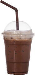 Delicious iced cocoa in takeaway glass, topped with milk foam, Isolate on white 
