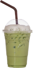 Iced matcha or green tea latte in takeaway cup isolated on white background