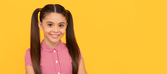Beautiful and confident. Confident girl yellow background. Child face, horizontal poster, teenager...