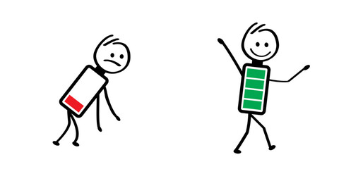 Life energy. Stickman, Businessman with red low battery and stick man, business man with green full level. Charge indicator pictogram or logo. Happy and unhappy, Energetic, tired or exhausted symbol - obrazy, fototapety, plakaty