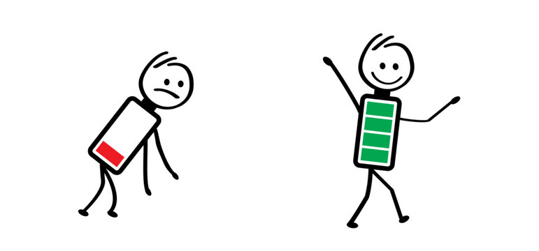 Life energy. Stickman, Businessman with red low battery and stick man, business man with green full level. Charge indicator pictogram or logo. Happy and unhappy, Energetic, tired or exhausted symbol