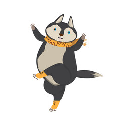 Cute siberian Husky. Winter character skating, mascotte. Flat cartoon vector Illustration. For Christmas Party decoration, New year Party, sticker, greeting card.